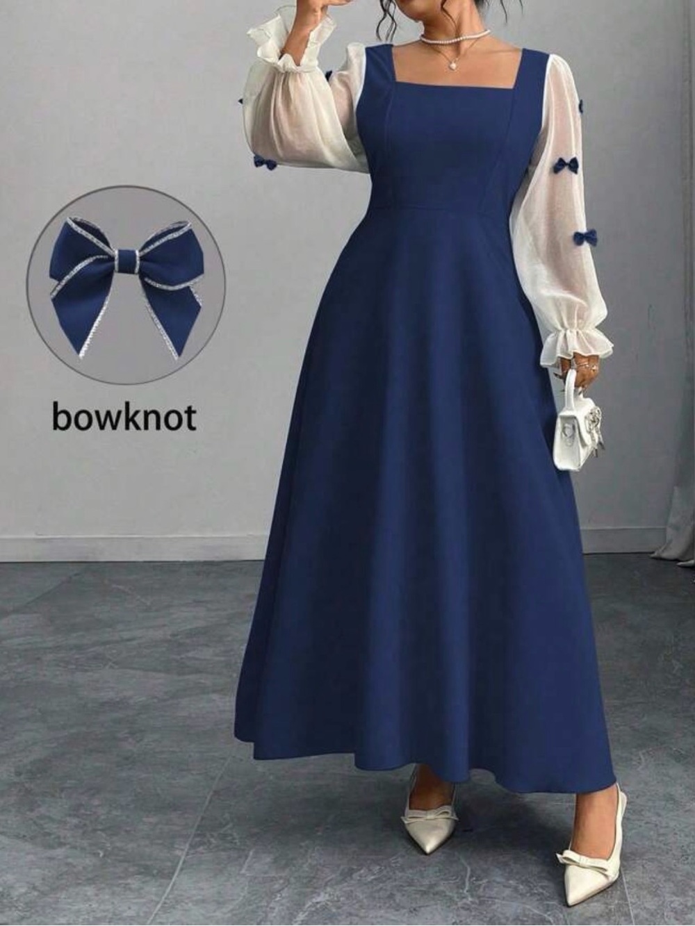 Modelyn Women's Plus Size
Bow Decor Square Neck Long Sleeve Elegant Dress